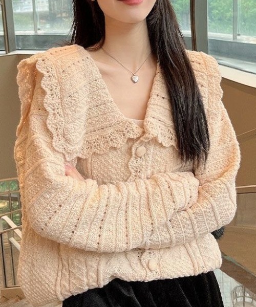 「Achic」 ニットカーディガン M ベージュ レディース_画像4