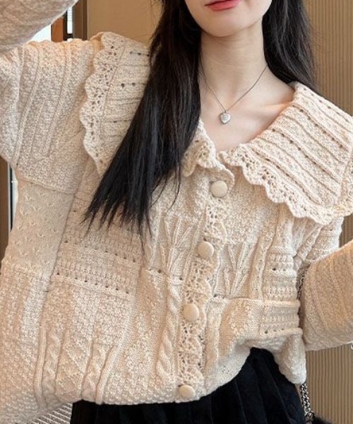 「Achic」 ニットカーディガン M ベージュ レディース_画像6