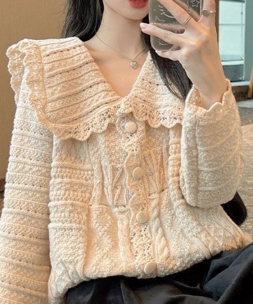 「Achic」 ニットカーディガン M ベージュ レディース_画像7