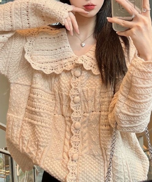 「Achic」 ニットカーディガン M ベージュ レディース_画像8