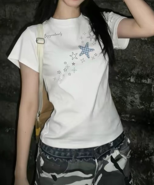 SHERU tシャツ 半袖 スターパッチワーク刺繍 ウエストマークチビT