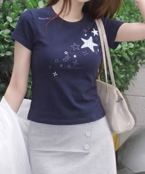 SHERU tシャツ 半袖 スターパッチワーク刺繍 ウエストマークチビT