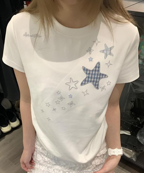 SHERU tシャツ 半袖 スターパッチワーク刺繍 ウエストマークチビT