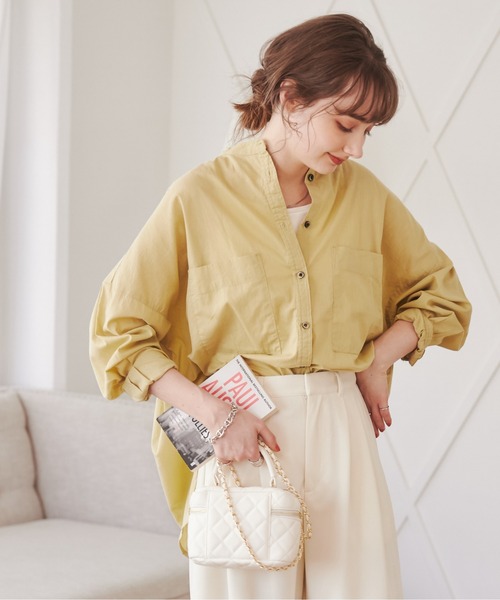 ANGIE ブラウス シャツ シアー オーバーサイズ バンドカラー シャツ