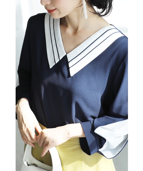 cawaii ブラウス シャツ （紺）スリット袖から覗くベールの上品