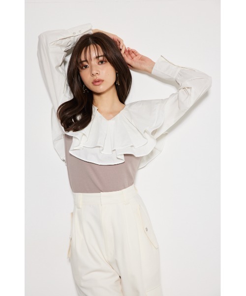 rienda ブラウス シャツ フリルコンビカットトップス 春服 秋服