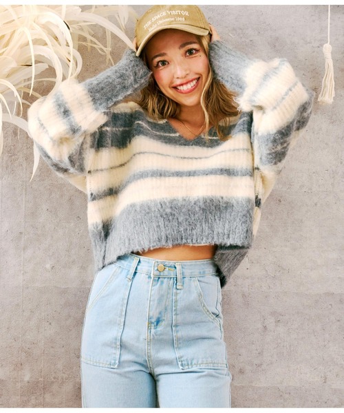 anap mimpi（アナップミンピ） ニット セーター Vネック ボーダー 起毛