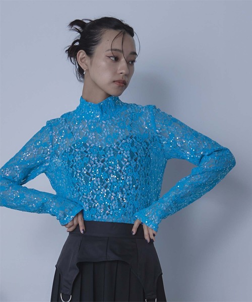 miette（ミエット） tシャツ スパンコールレースハイネックトップス