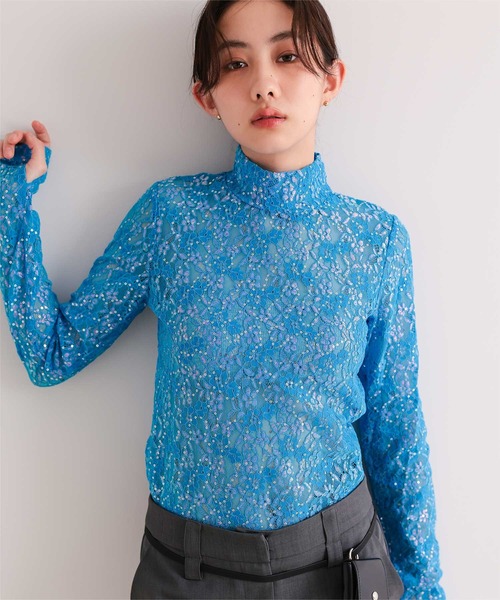 BOTTEGA VENETA レース 長袖トップス M ネイビー 透け感 miette（ミエット） tシャツ スパンコールレースハイネックトップス