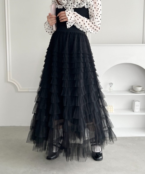 ラウンジドレス　ティアードレーススカート ボリュームスカート　ブラック LOUNGEDRESS（ラウンジドレス）の「ティアードレーススカート