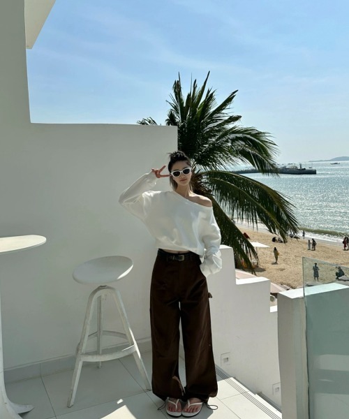 SHEENA トレーナー スウェット ワイドネックショート丈