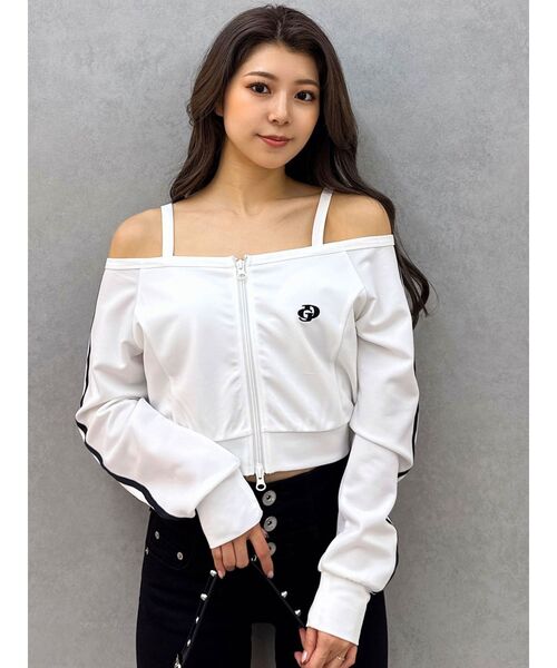 D&G COLUMBIA フリルタンクトップ ホワイト オフショルダー フリル Vネック 2way トップス】 オフショルダー 白 黒 半袖 トップス