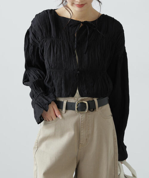 ブラウス シャツ Sheer Crinkled Top レディース ブラウス シャツ See-through check cropped shirt / シースルー