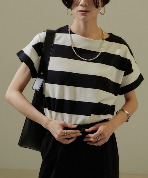 tシャツ 「WEB限定」フレンチスリーブポンチTシャツ「太ボーダー/無地」 レディース SALON adam et rope' tシャツ 「WEB限定」フレンチスリーブ