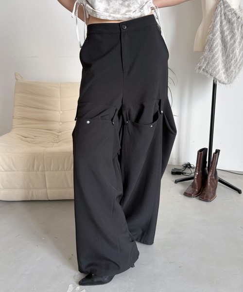 ワイドパンツ スラックス パンツ 変形スナップスラックスパンツ