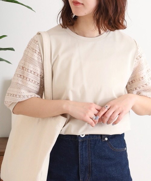 tシャツ BRODIAEA 袖レース切り替えカットソー 半袖 レディース