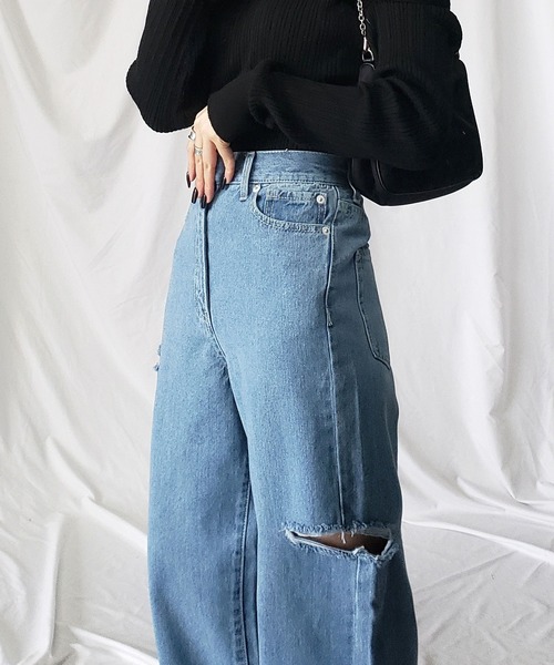 [me+em select] повреждение обработка Denim брюки MEDIUM голубой женский 