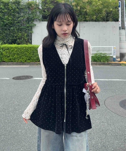 LOHEN ローヘン　スクエアネック ベスト ジレ ブラック AS KNOW AS（アズノゥアズ） ベスト ジレ ○ぺプラムジップVネック