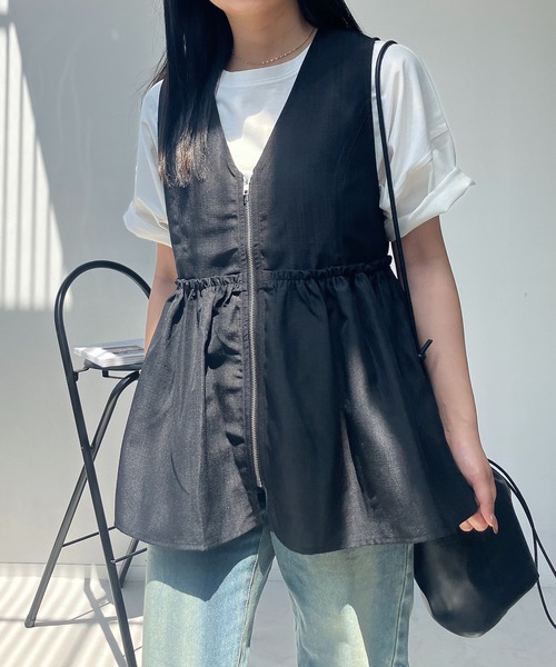 AS KNOW ベスト ジレ ○ぺプラムジップVネックベスト レディース