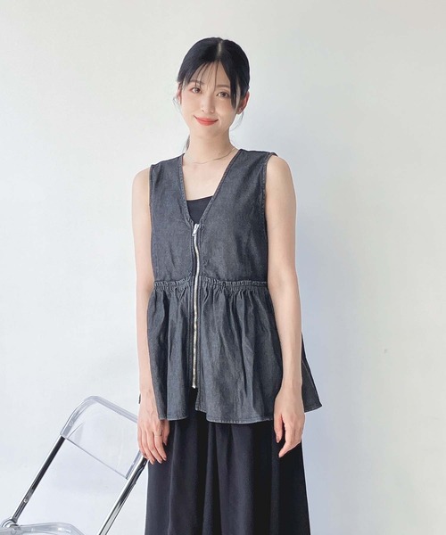 AS KNOW ベスト ジレ ○ぺプラムジップVネックベスト レディース