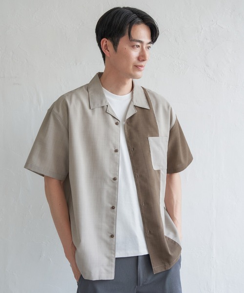 ikka（イッカ） シャツ 半袖 リネンライク切り替えオープンカラー