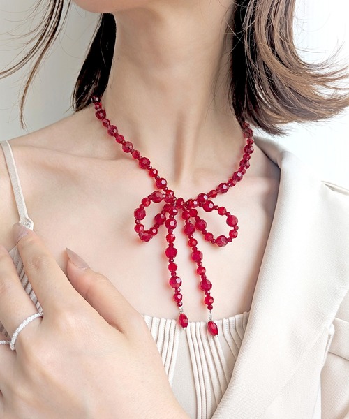 styiro ネックレス リボンビーズネックレス レディース