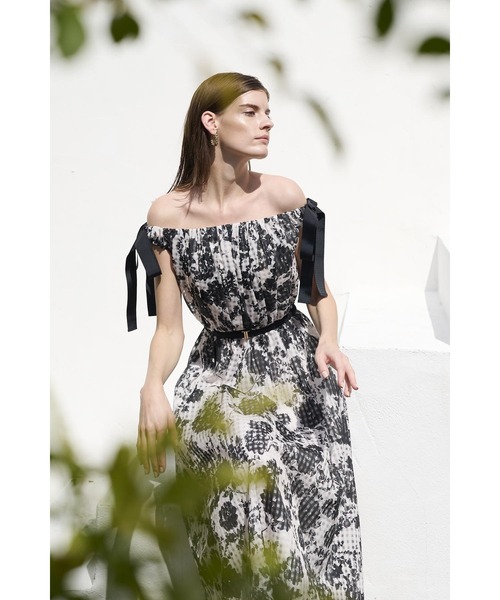 Estella.K ワンピース Bianca Ribbon Dress オフショルプリントリボン 
