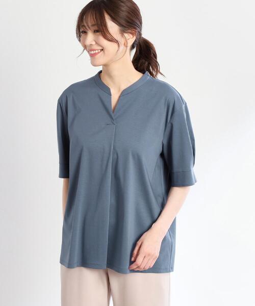 【すっきり見え！長め丈／接触冷感／マシンウォッシュ可】スキッパーネックジャージトップス Reflect tシャツ 「すっきり見え！長め丈／接触冷感／マシン