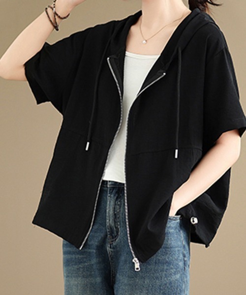 René 黒 半袖カーディガン ジッパー付き ReRe カーディガン ジップアップ半袖パーカー レディース : ZOZOTOWN