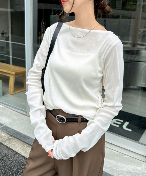 andme tシャツ ベロアチュールサイドギャザー長袖トップス