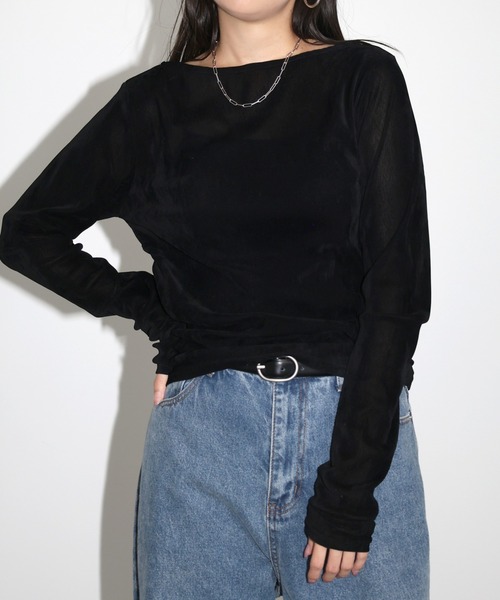 andme tシャツ ベロアチュールサイドギャザー長袖トップス