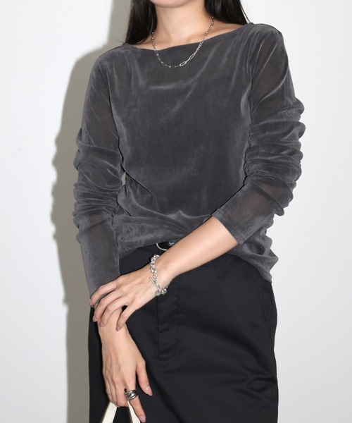 andme tシャツ ベロアチュールサイドギャザー長袖トップス