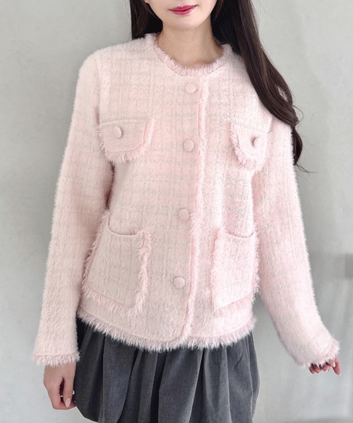 Loueme ジャケット ノーカラージャケット ラメツイードライクニット