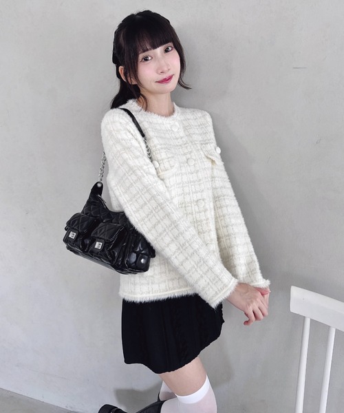 Loueme ジャケット ノーカラージャケット ラメツイードライクニット