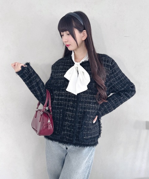 Loueme ジャケット ノーカラージャケット ラメツイードライクニット