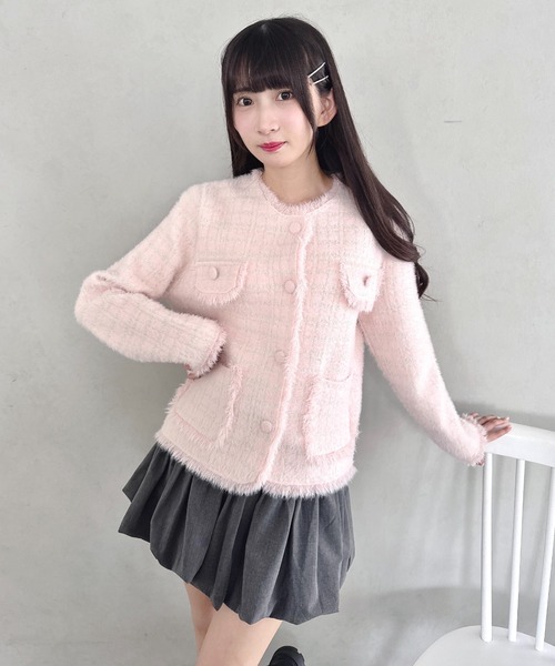 Loueme ジャケット ノーカラージャケット ラメツイードライクニット