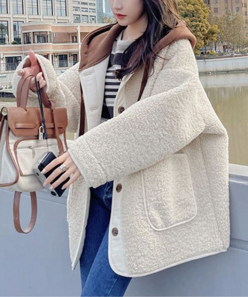 ジャケット ノーカラージャケット もこもこフード付きボアミドルコート