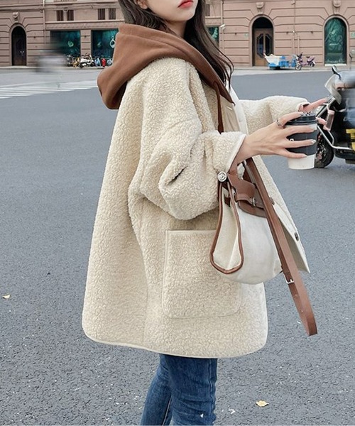 ジャケット ノーカラージャケット もこもこフード付きボアミドルコート