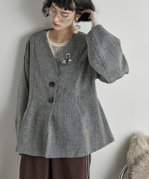 THE Yon ジャケット ノーカラージャケット ノーカラーペプラムツイード