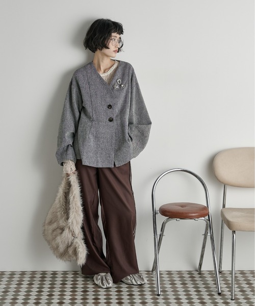 THE Yon ジャケット ノーカラージャケット ノーカラーペプラムツイード