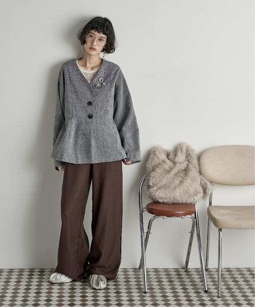 THE Yon ジャケット ノーカラージャケット ノーカラーペプラムツイード