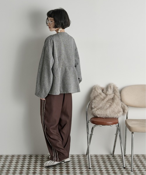 THE Yon ジャケット ノーカラージャケット ノーカラーペプラムツイード