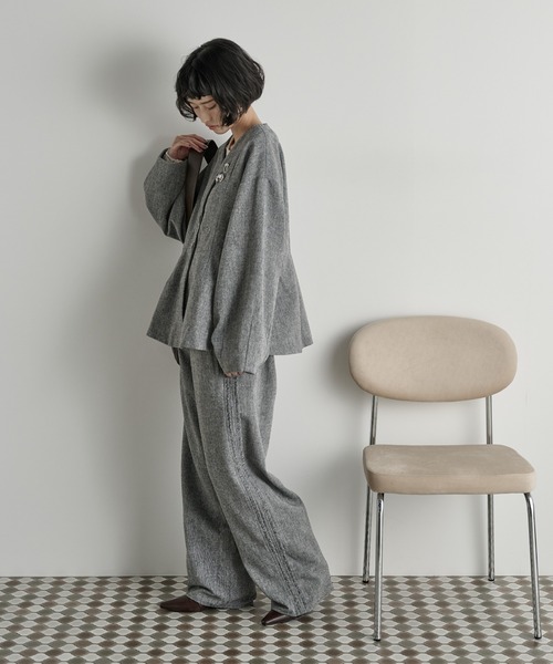 THE Yon ジャケット ノーカラージャケット ノーカラーペプラムツイード