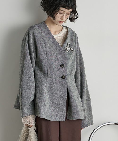 THE Yon ジャケット ノーカラージャケット ノーカラーペプラムツイード
