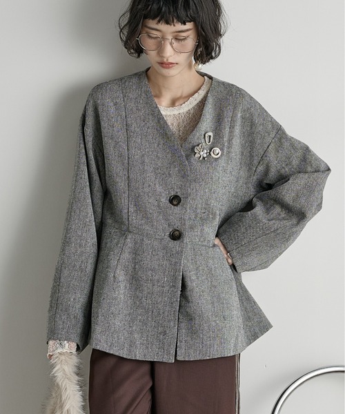 THE Yon ジャケット ノーカラージャケット ノーカラーペプラムツイード