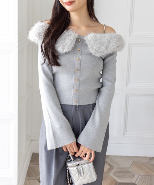 clear ニット セーター ビジュー肩紐オフショルファーニットトップス