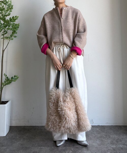 DouDou　シルクウール　リバーシブルノーカラーショートコート　ダブルフェイス DouDou（ドゥドゥ） カーディガン 「WEB限定」ダブルフェイスニット