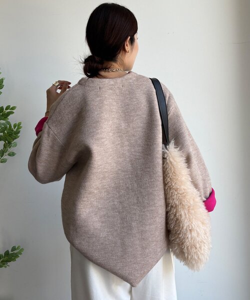 DouDou　シルクウール　リバーシブルノーカラーショートコート　ダブルフェイス DouDou（ドゥドゥ） カーディガン 「WEB限定」ダブルフェイスニット