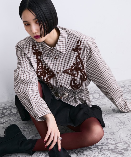 MONOe ブラウス シャツ ロープ刺繍アソート柄シャツ レディース