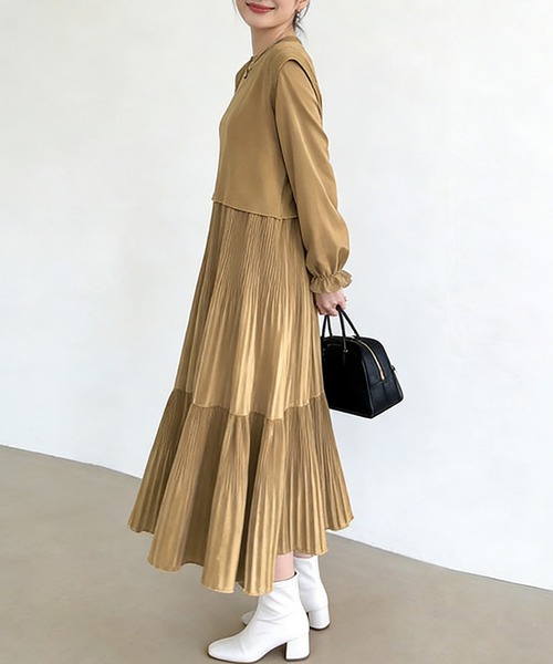 ワンピース プリーツワンピース×バックリボンベストセット
